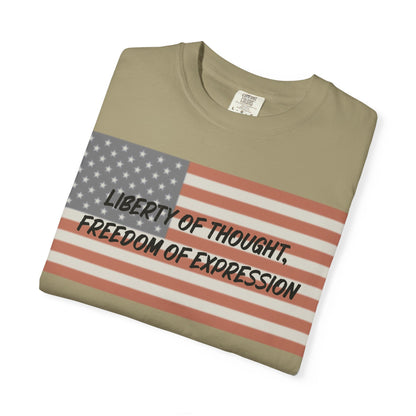 Patriotic Freedom T-shirt, Unisex Garment-Dyed Tee, Liberty of Thought Shirt, Blurred Flag