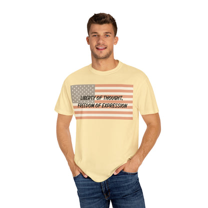 Patriotic Freedom T-shirt, Unisex Garment-Dyed Tee, Liberty of Thought Shirt, Blurred Flag