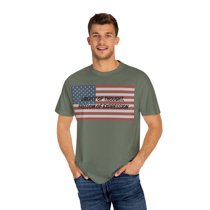 Patriotic Freedom T-shirt, Unisex Garment-Dyed Tee, Liberty of Thought Shirt, Blurred Flag
