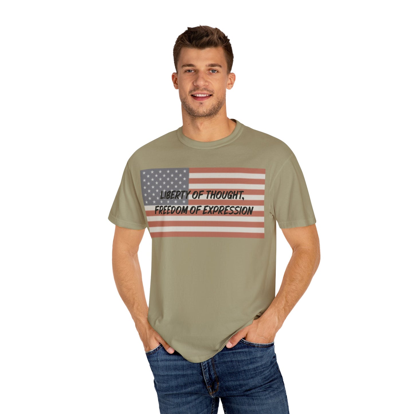 Patriotic Freedom T-shirt, Unisex Garment-Dyed Tee, Liberty of Thought Shirt, Blurred Flag