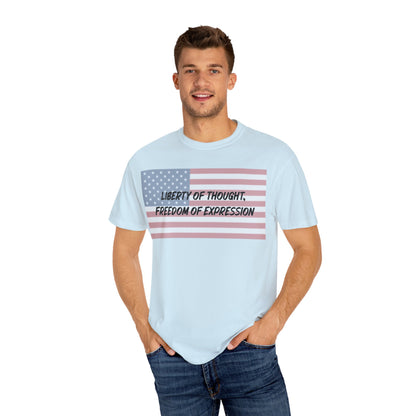 Patriotic Freedom T-shirt, Unisex Garment-Dyed Tee, Liberty of Thought Shirt, Blurred Flag