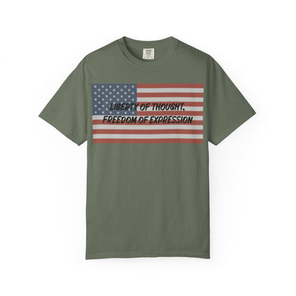 Patriotic Freedom T-shirt, Unisex Garment-Dyed Tee, Liberty of Thought Shirt, Blurred Flag