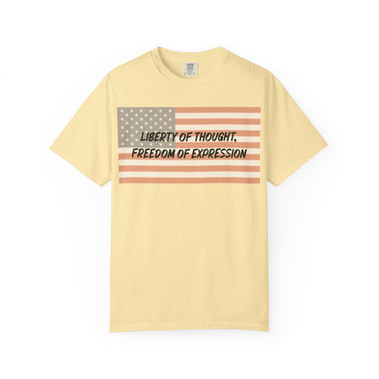Patriotic Freedom T-shirt, Unisex Garment-Dyed Tee, Liberty of Thought Shirt, Blurred Flag